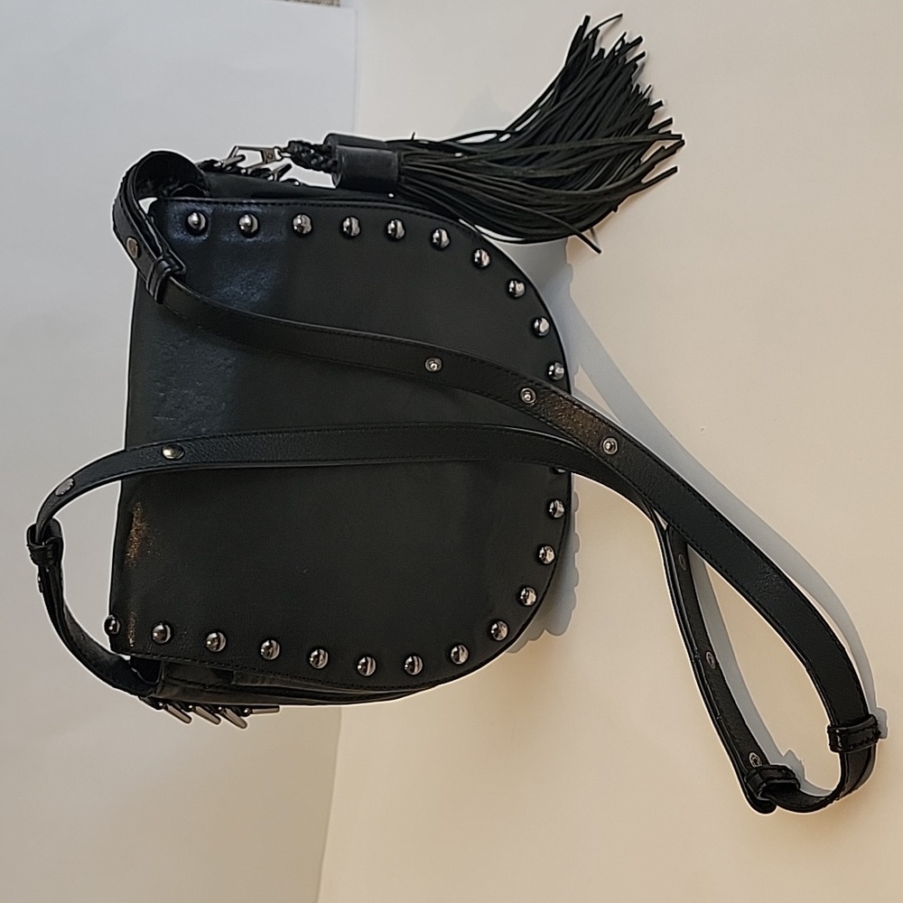 Rebecca Minkoff Leather Saddle Studded  Crossbody Bag Color: Black
